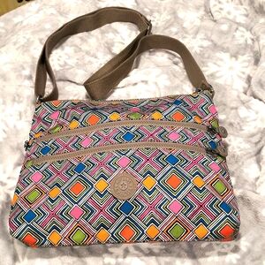 Kipling dual zip wipeable geometric print bag, EUC, 13" x 10" x 2", Key fob